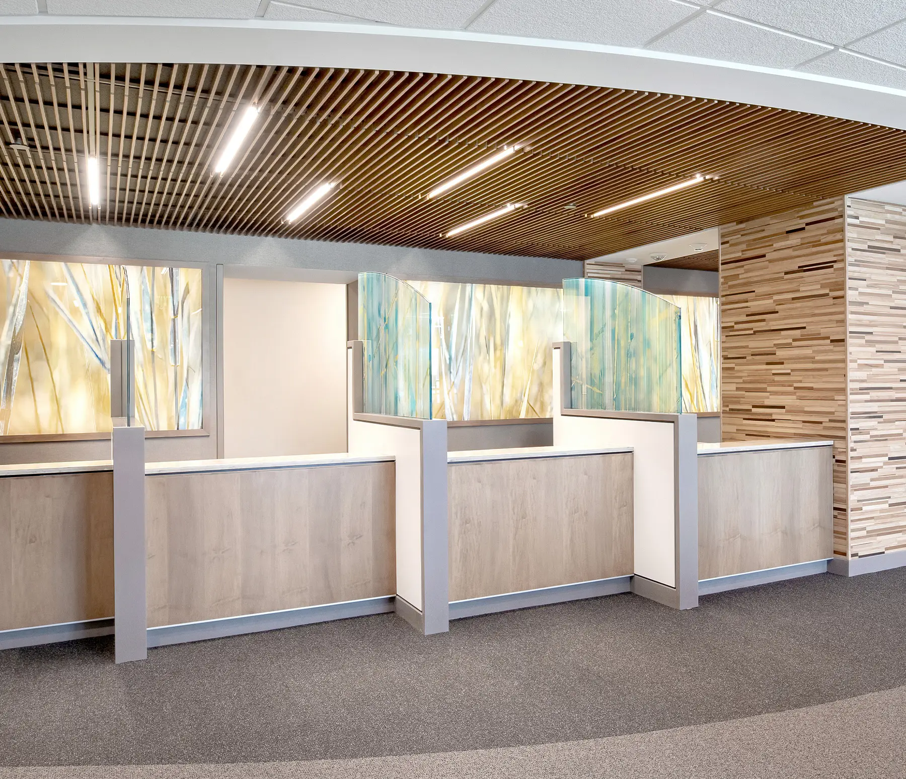 Backlit panel featuring the artwork"Blue Marsh Panorama" and divider panels featuring the artwork "Opaline Blue Panorama"